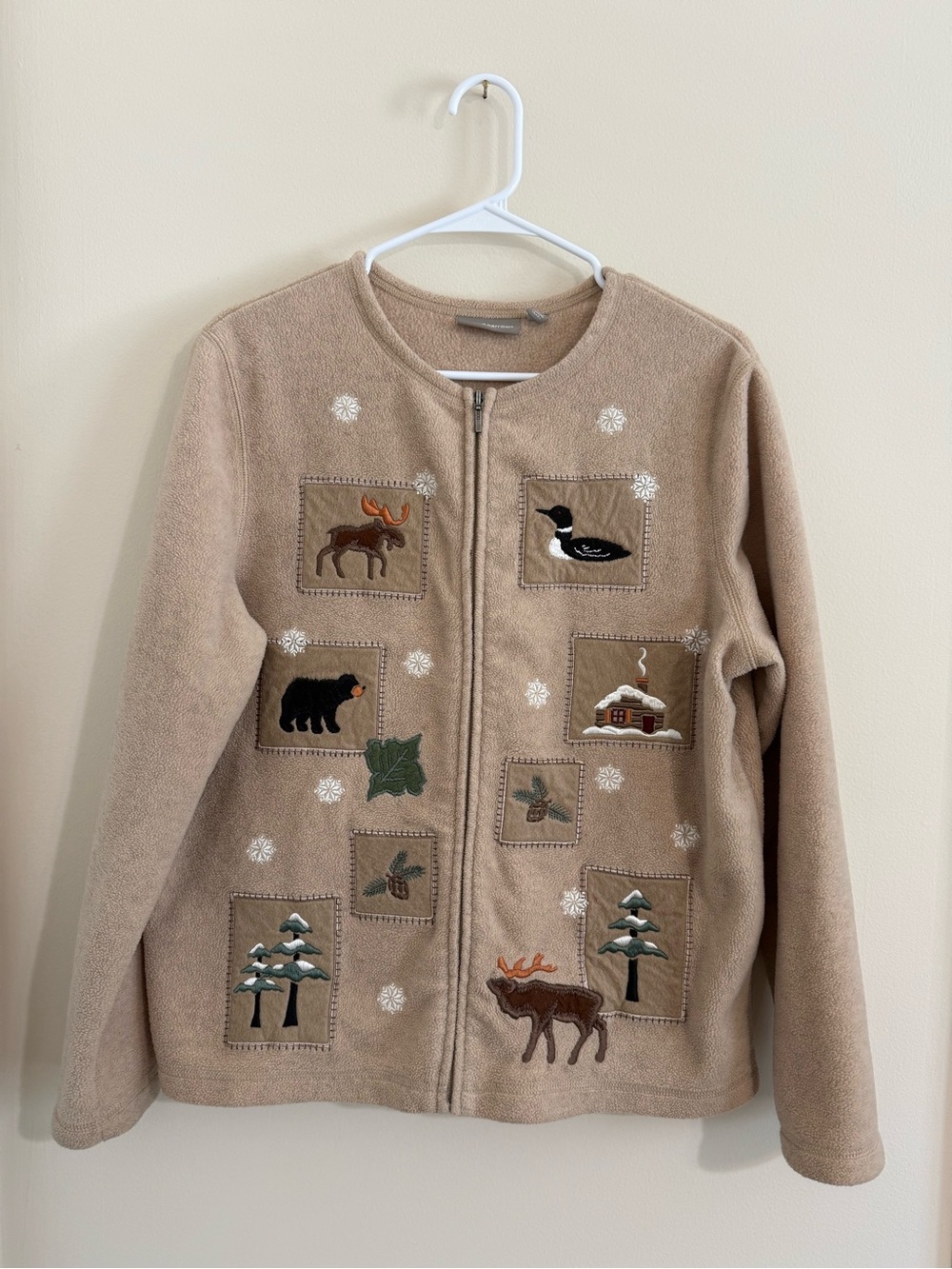 croft & barrow Womens Large Tan Zip-Front Fleece Jacket Embroidered Mountain VTG - Picture 1 of 15